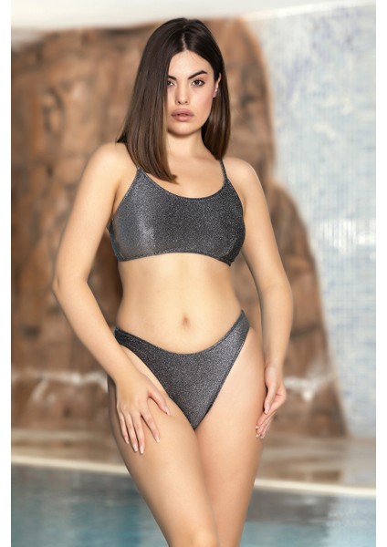 Kadın Gümüş Gri Simli Dolgulu Ayarlanabilir Askılı Bikini Takım HZL24S-AR1654