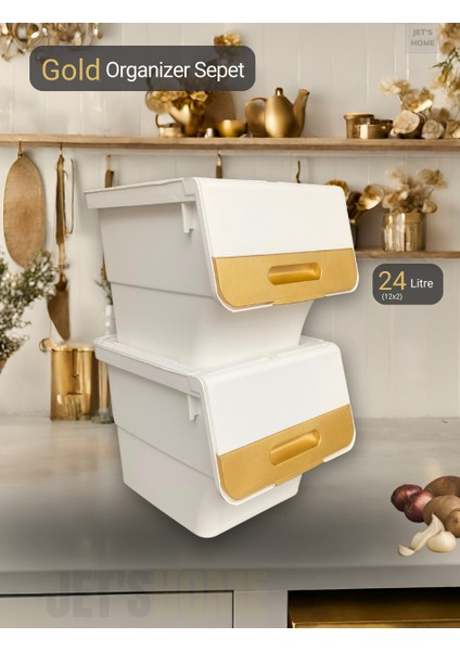 2’li Beyaz-Gold Tekerlekli Patateslik Soğanlık Oyuncak Kutusu Patates Soğan Sepeti 24 Lt