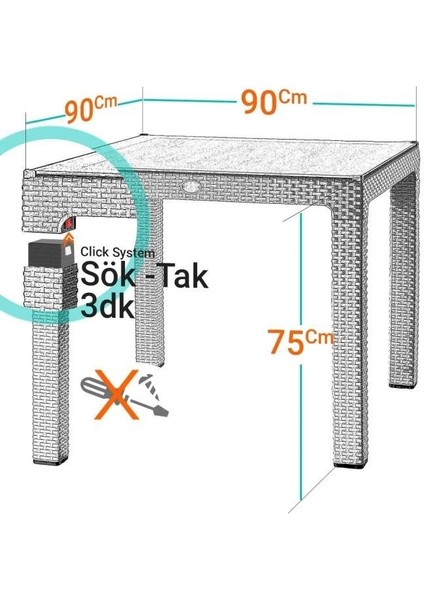 Nar Sokağı Camsız Beyaz 90X90 cm Rattan Bahçe Balkon Masası