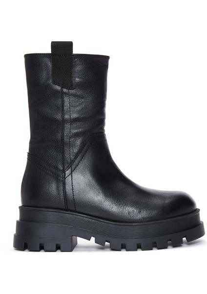Kadın Siyah Kalın Tabanlı Deri Bot