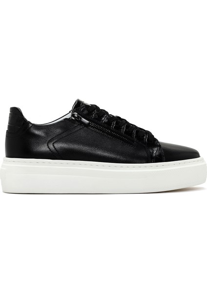 Erkek Siyah Kalın Tabanlı Bağcıklı Deri Sneaker