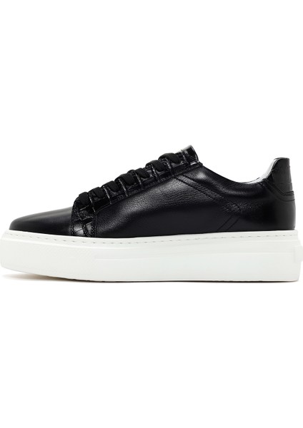 Erkek Siyah Kalın Tabanlı Bağcıklı Deri Sneaker