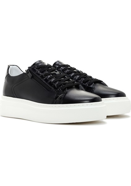 Erkek Siyah Kalın Tabanlı Bağcıklı Deri Sneaker