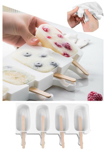 Tekno Trust Magnum Dondurma Kalıbı ve 50 Adet Ahşap Çubuk -4'lü Büyük Boy Pratik Magnum Silikon Dondurma Kalıbı