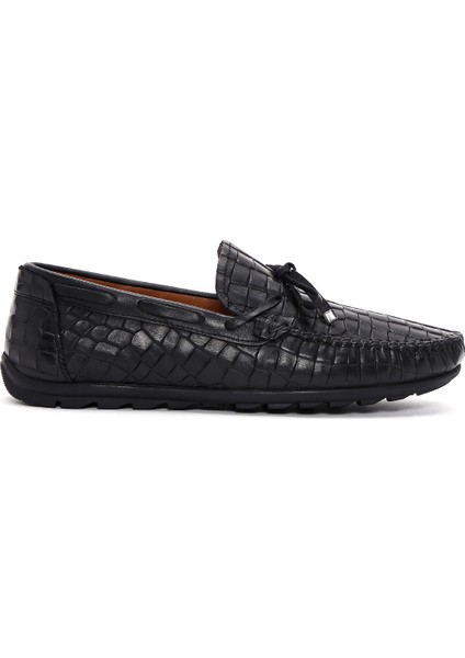 Erkek Siyah Kroko Desenli Deri Casual Loafer