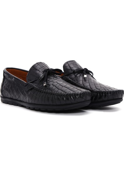 Erkek Siyah Kroko Desenli Deri Casual Loafer