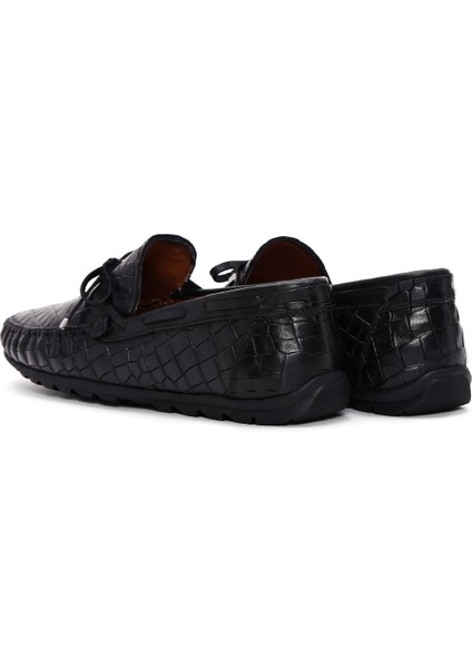 Erkek Siyah Kroko Desenli Deri Casual Loafer