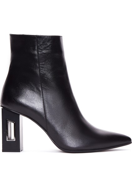 Kadın Siyah Deri Fermuarlı Klasik Topuklu Klasik Bot
