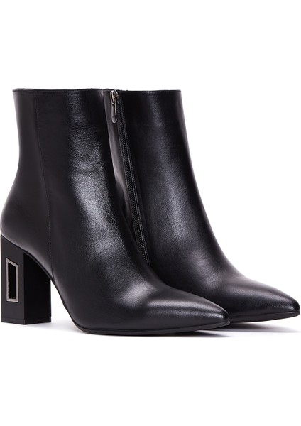 Kadın Siyah Deri Fermuarlı Klasik Topuklu Klasik Bot fırsatları