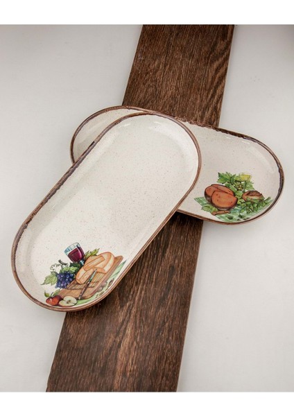 Retro Cheese & Wine 2 Adet Porselen Kayık Tabak