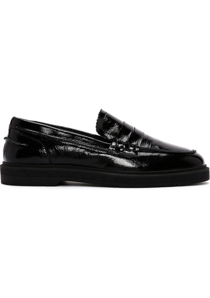 Kadın Siyah Rugan Deri Maskülen Loafer