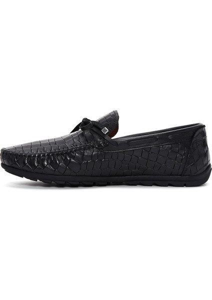 Erkek Siyah Kroko Desenli Deri Casual Loafer