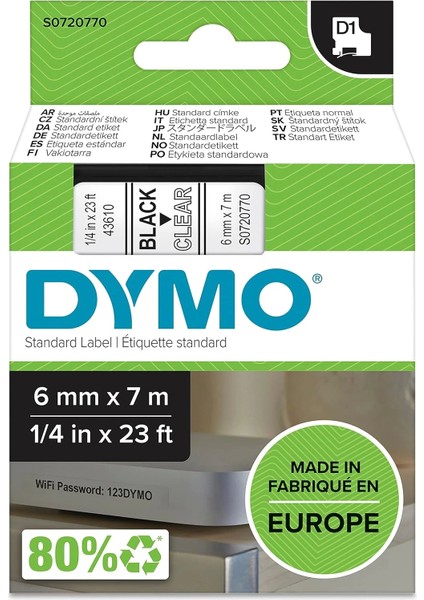 D1 Yedek Şerit 6 mm * 7 mt Şeffaf/siyah (43610)