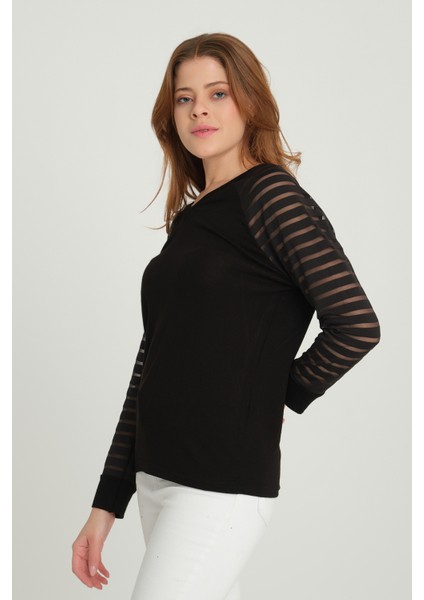 Kadın V Yaka Transparan Kol Bluz Siyah modelleri