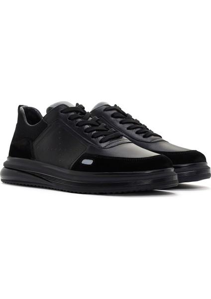 Erkek Siyah Bağcıklı Deri Sneaker