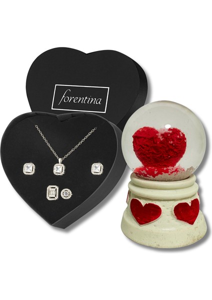 Gümüş Kaplama Baget Taşlı Kolye Küpe Yüzük - Kar Küresi Hediye Set PS3219