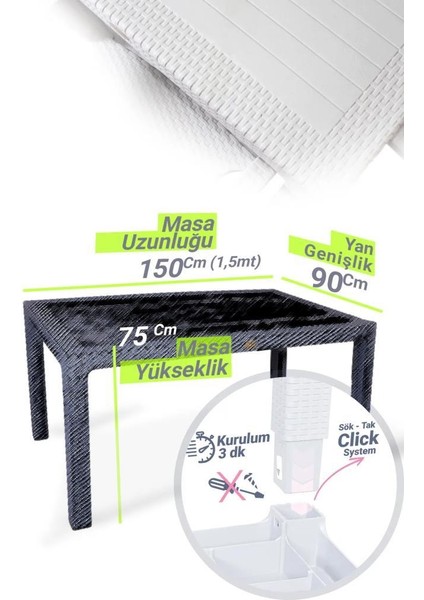 Nar Sokağı Camsız Beyaz 90X150 cm Rattan Bahçe Balkon Masası