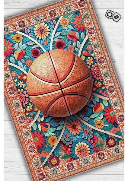 Basketbol Topu Desenli Halı Çok Renkli Halı Spor Severe Hediye Halı Spor Sever Için Çiçekli Halı