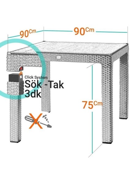 Camsız Kapiçino 90X90 cm Rattan Bahçe Balkon Masası