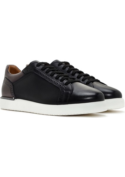 Erkek Siyah Bağcıklı Deri Sneaker
