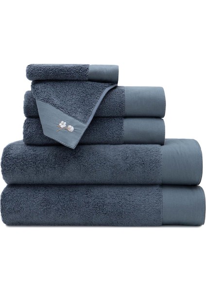 Pure Cotton 6'lı Havlu Seti %100 Organik Pamuk Bez Bordürlü Nakışlı Antrasit