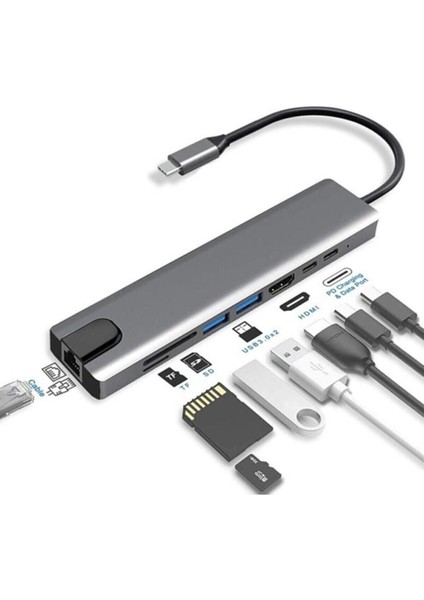 Macbook Pro Air USB Type-C Hub Dönüştürücü Çevirici Çoklayıcı USB Hdmı Micro Sd 8 Girişli