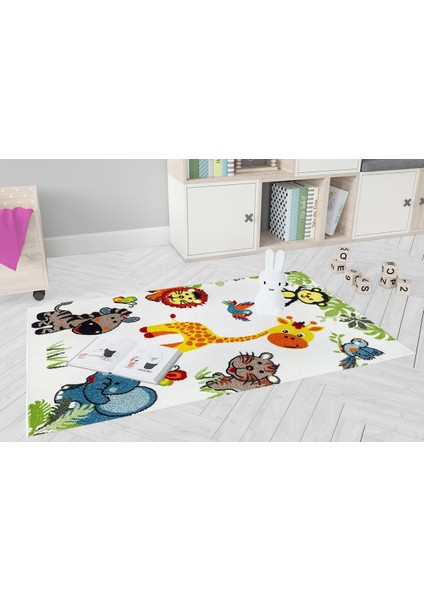 Çocuk Halısı ve Bebek Halısı Yıkanabilir Kaymaz Taban Figürlü Beyaz Dijital Baskı HALI HC073 modelleri