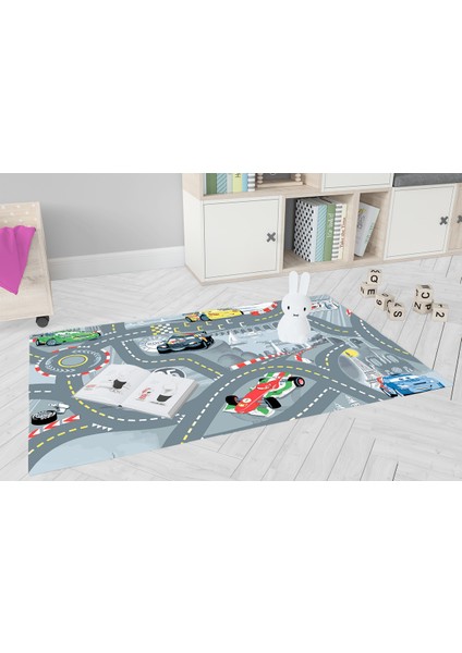 Çocuk Halısı ve Bebek Halısı Yıkanabilir Kaymaz Taban Figürlü Gri Dijital Baskı Halı HC082 modelleri