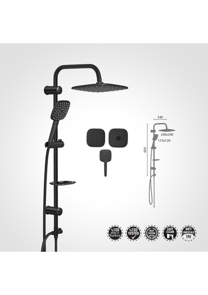 Tekno Trust Aqua Black Rain Tepe Duş Seti