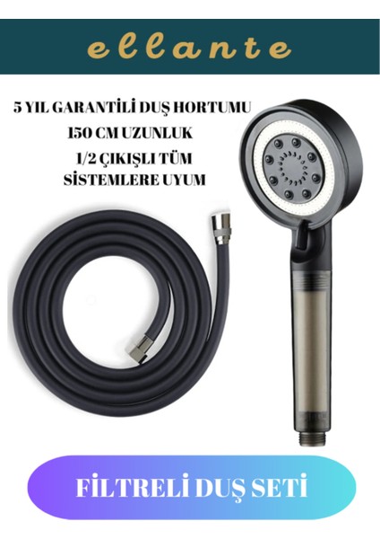 Tekno Trust 5 Fonksiyonlu Su Tasarruflu Çelik Paslanmaz Su Çıkışlı Filtreli Turbo Duş Başlığı Pvc Hortum Set