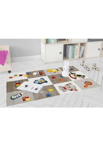 Çocuk Halısı ve Bebek Halısı Yıkanabilir Kaymaz Taban Figürlü Kahverengi Dijital Baskı Halı HC064