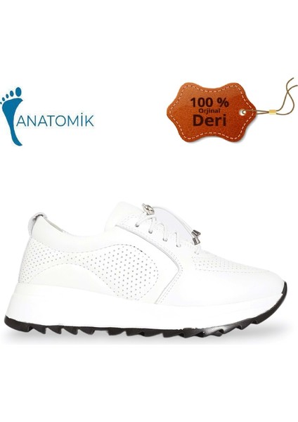 1921-346538 Hakiki Deri Anatomik Tabanlı Kadın Sneakers Ayakkabı - NKT01921-BEYAZ-40