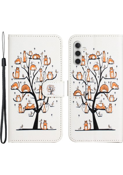 Samsung Galaxy A15 5g Deri Deseni Baskı Koruyucu Kedisi Ağaç Telefon Kılıfı (Yurt Dışından)