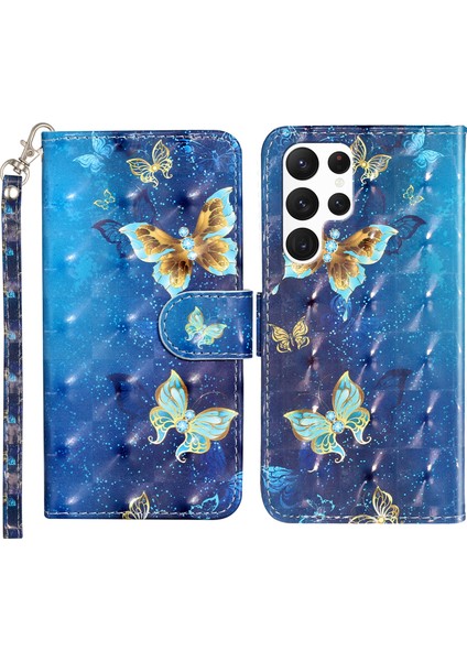 Samsung Galaxy S24 Ultra Deri Flip 3D Desen Basılı Altın Kelebekler Telefon Kılıfı (Yurt Dışından)