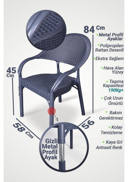 4 Adet Bambu Rattan Kollu Sandalye Koltuk Antrasit fiyatları