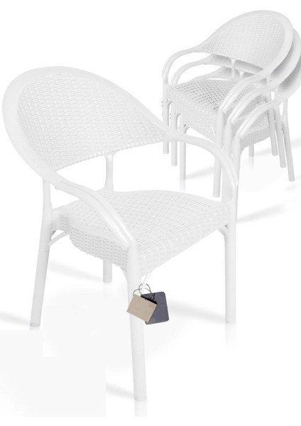 4 Adet Bambu Rattan Kollu Sandalye Koltuk Beyaz