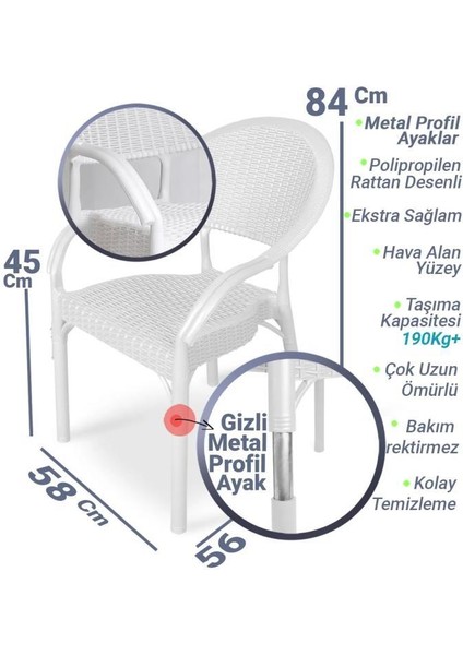 4 Adet Bambu Rattan Kollu Sandalye Koltuk Beyaz