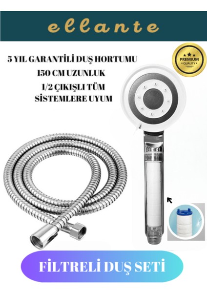 Tekno Trust 5 Fonksiyonlu Su Tasarruflu Çelik Paslanmaz Su Çıkışlı Filtreli Turbo Duş Başlığı Hortum Set