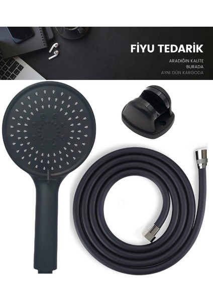Tekno Trust Siyah Büyük Spa Duş Başlığı & 5 Yıl Garantili Siyah Duş Hortumu Duş Başlığı Seti