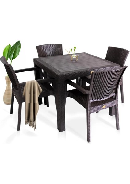 Nar Sokağı Zeugma Kahve 90X90 cm Camsız Rattan Bahçe Balkon Masa Takımı