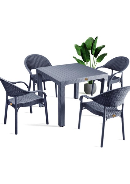 Bambu Antrasit 90X90 cm Camsız Rattan Bahçe Balkon Masa Takımı