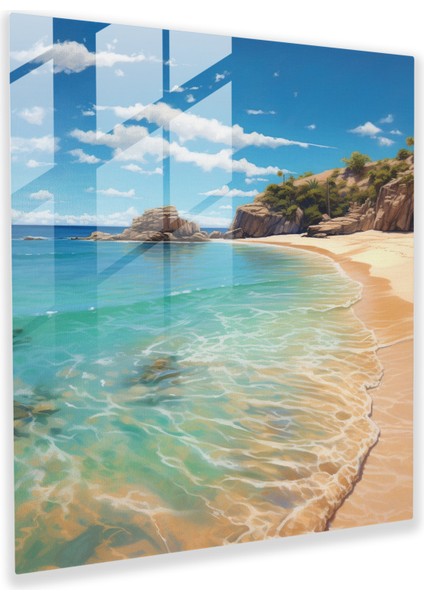 Azure Haven Cam Baskı - Gerçekçi Tenha Plaj Cam Duvar Sanatı, 30X30
