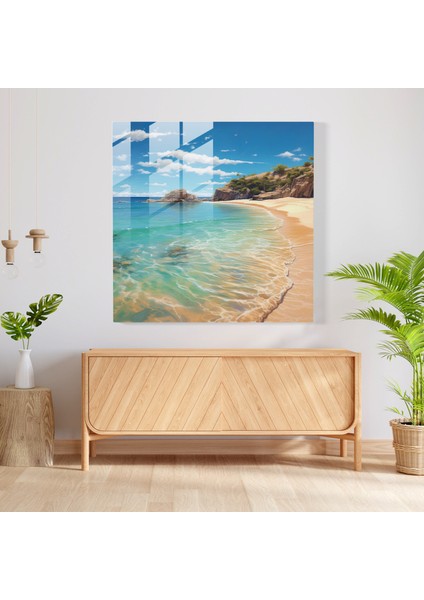 Azure Haven Cam Baskı - Gerçekçi Tenha Plaj Cam Duvar Sanatı, 30X30