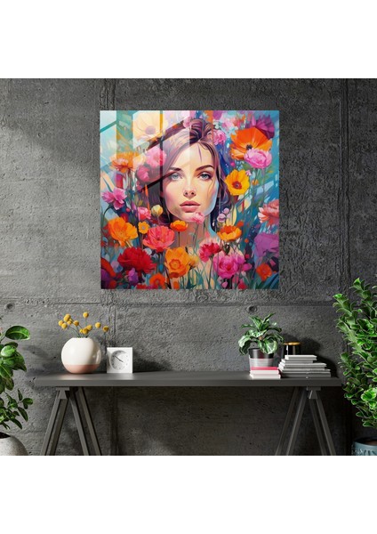 Çiçekli Cam Baskılar - Canlı Çiçeklerle Ekspresyonist Portre Cam Duvar Sanatı, 30X30