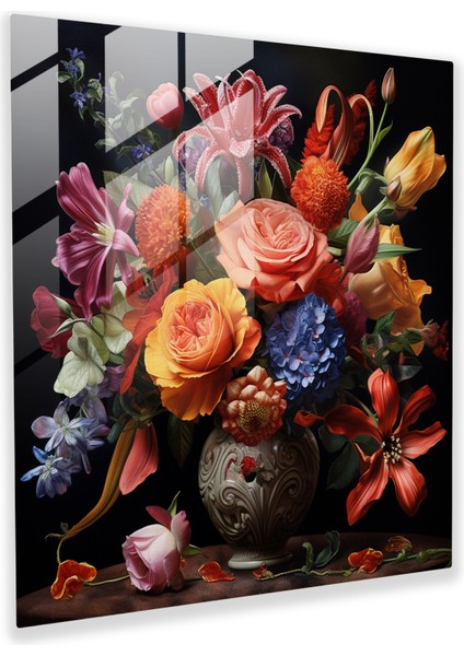 Zarif Gerçekçi Natürmort Cam Baskı - Canlı Çiçekler Cam Duvar Sanatı, 30X30 cm