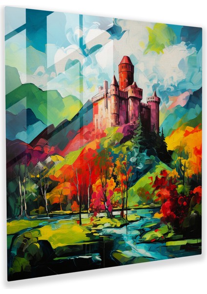 Zengin Cam Baskı - Canlı Renkli Ortaçağ Kalesi Sanat Eserleri - Modern Duvar Dekorasyonu, 30X30