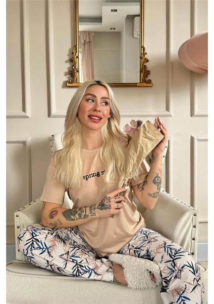 Somon Spring Style Desenli Kısa Kollu Örme Kadın Pijama Takımı