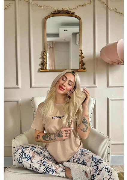 Somon Spring Style Desenli Kısa Kollu Örme Kadın Pijama Takımı