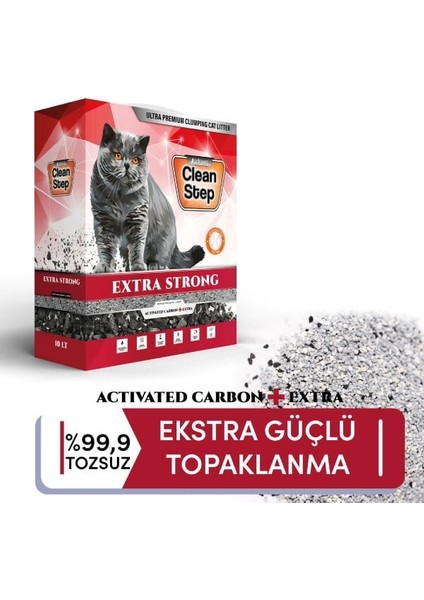 Clean Step Extra Strong Aktif Karbonlu Ince Taneli Topaklanan Bentonit Kedi Kumu 10 Lt