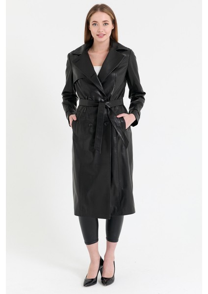 Kurvaze Kapama Uzun Deri Ceket - Z9100U